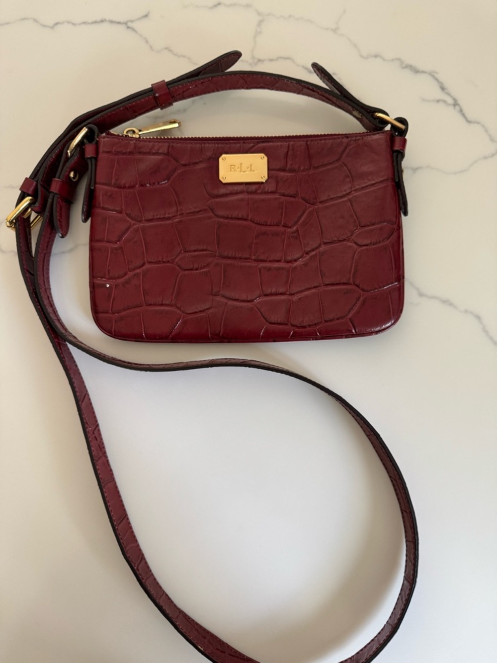 Lauren Ralph Lauren Croc-Embossed Crossbody Bag in Burgundy with Gold Hardware